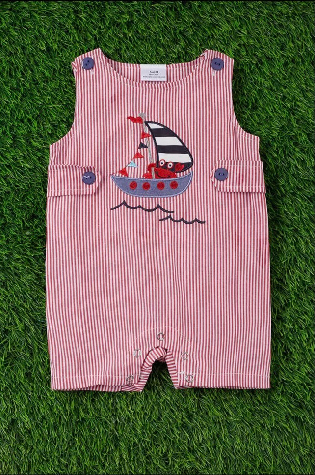 Boat Appliqué Boys Baby Romper w/ Snaps